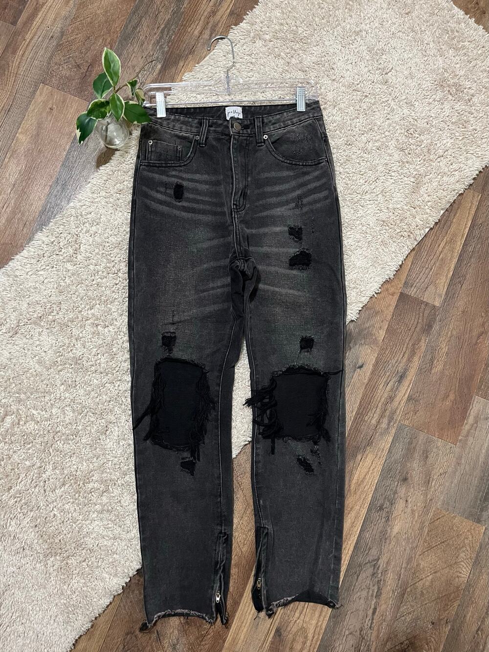 Princess Polly Washed Black Erissa Distressed Zip Ankle High-Rise Straight Jeans